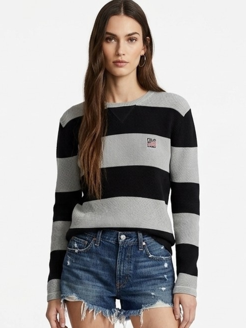 Vintage Polo Jeans Co. Ralph Lauren Bold Striped Crewneck Sweater In Gray/Black